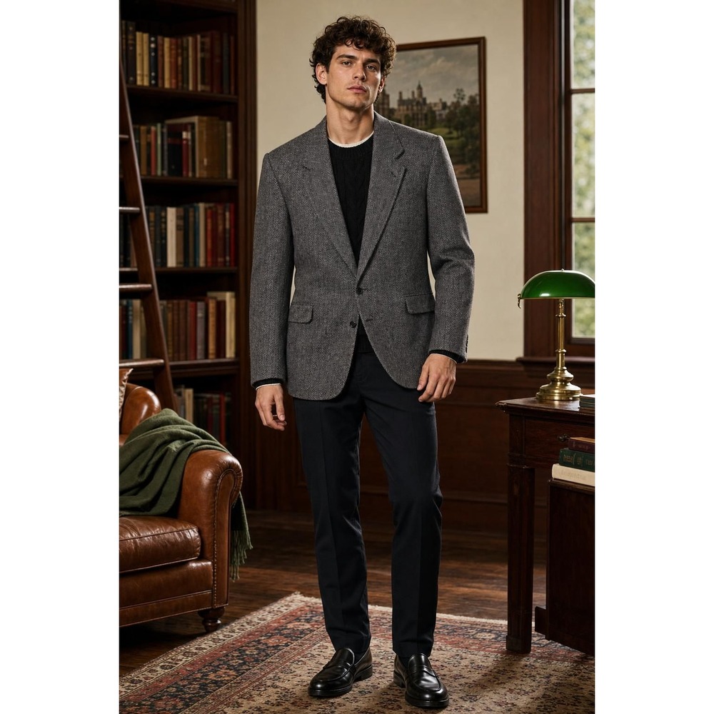 Barrington Blazer Mens 46R Gray Herringbone Wool Sport Coat Academia Business